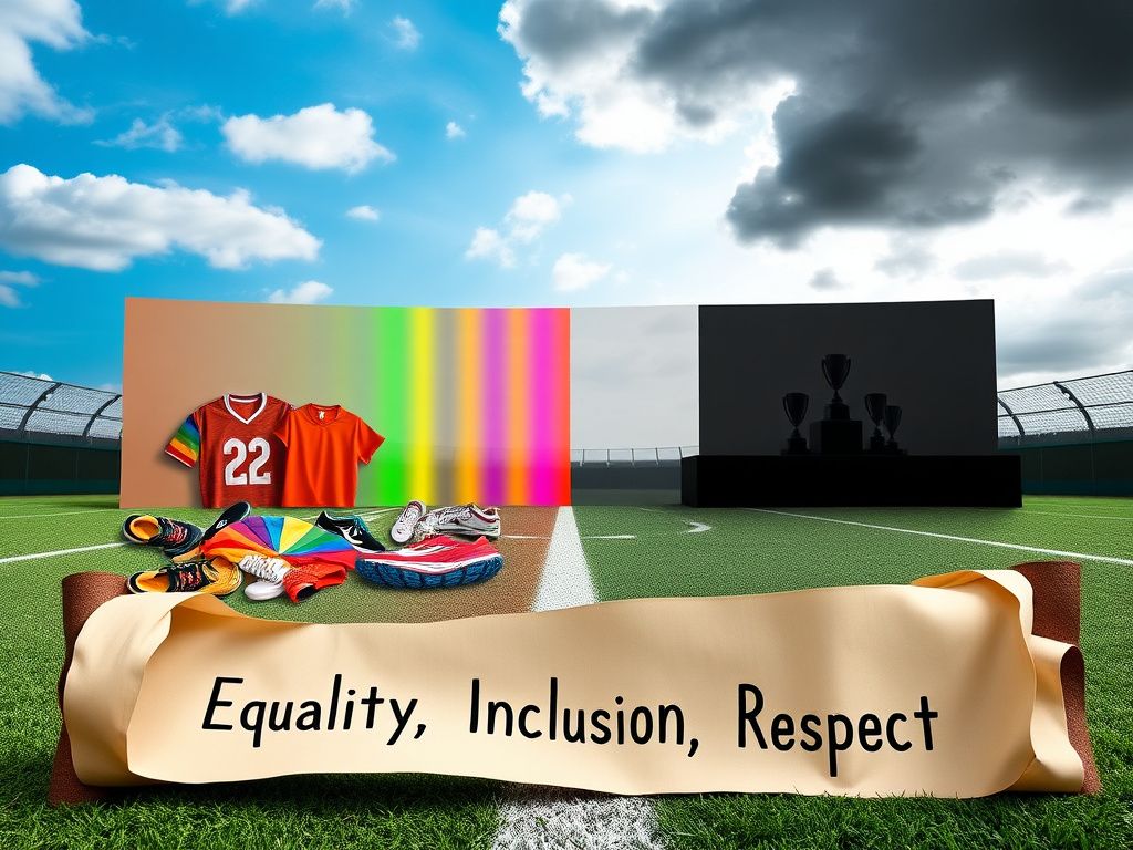 Flick International A sports field divided by a transparent rainbow-colored barrier representing inclusion and contention in sports.