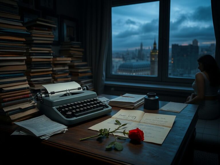 Flick International Intimate room with a vintage typewriter, stacks of books, and a single wilted red rose