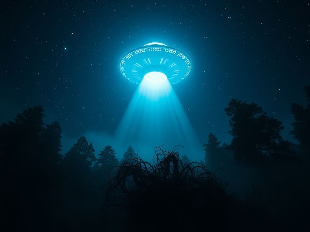 Flick International A glowing object hovering above a dense forest at night, surrounded by tall trees and mist