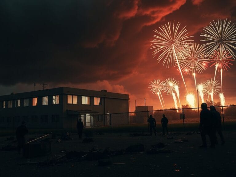 Flick International Dramatic scene of a Texas ICE facility under siege with shattered windows and smoke rising