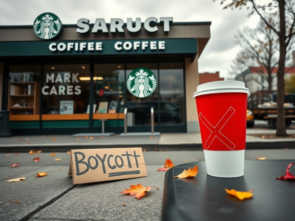 Flick International Empty Starbucks storefront with boycott sign during worker strike