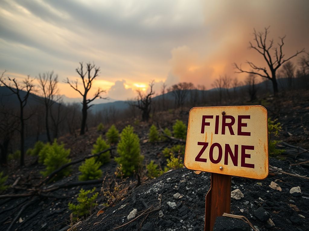 Flick International Landscape of charred trees and scorched earth after the Palisades wildfires in California