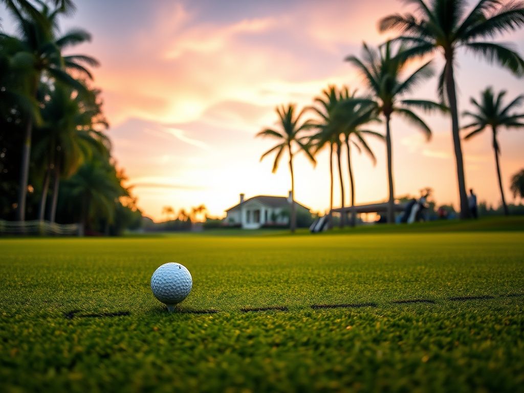 Flick International A serene golf course at dawn featuring a golf ball on a tee with a 35-foot putt line
