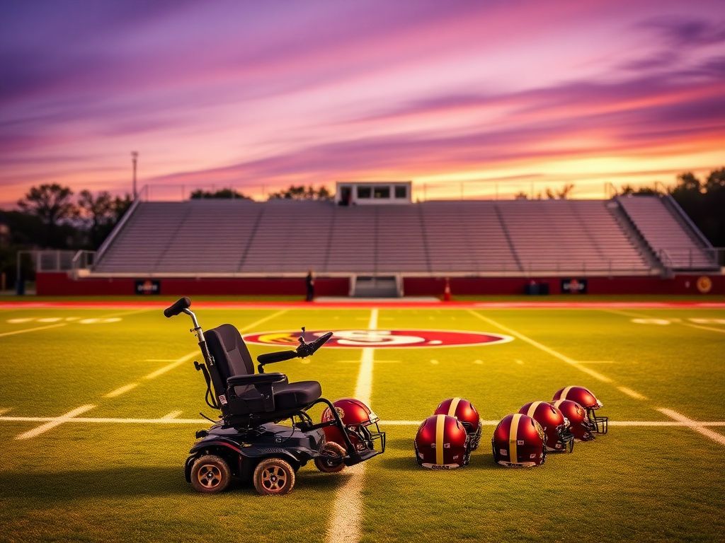 Flick International A lone electric wheelchair parked beside football helmets on a practice field at dusk, symbolizing support and unity.