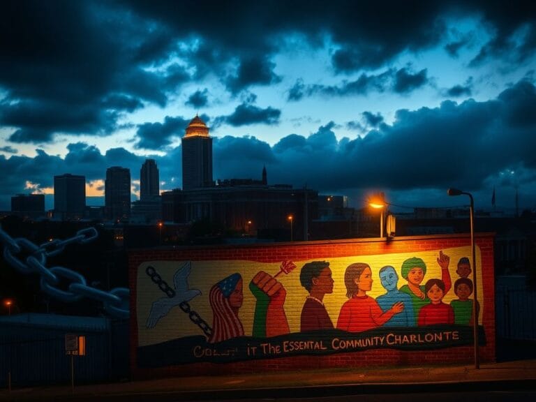 Flick International Urban scene of Charlotte, North Carolina, featuring a skyline under dark clouds and a vibrant mural promoting peace and justice