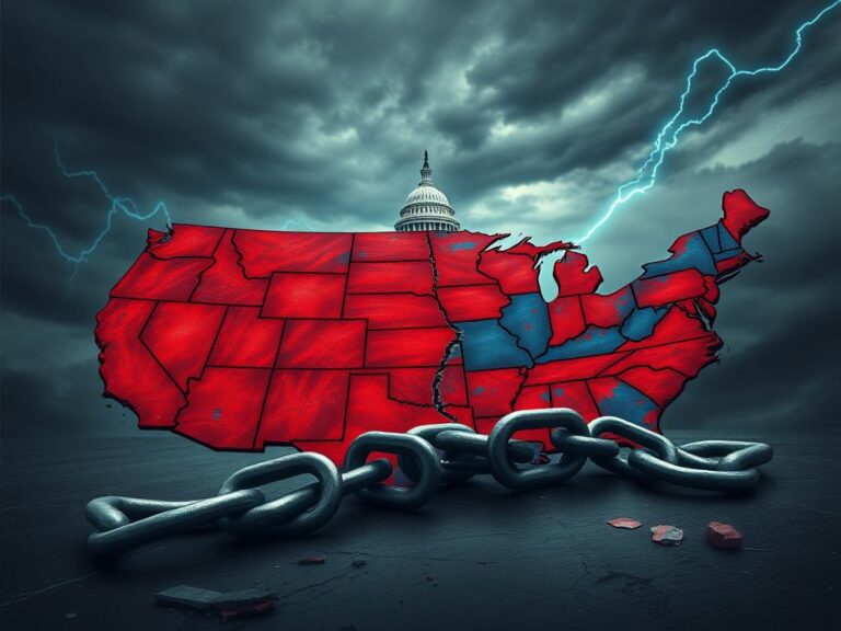 Flick International A cracked and weathered red and blue map of the United States symbolizing a divided political landscape.