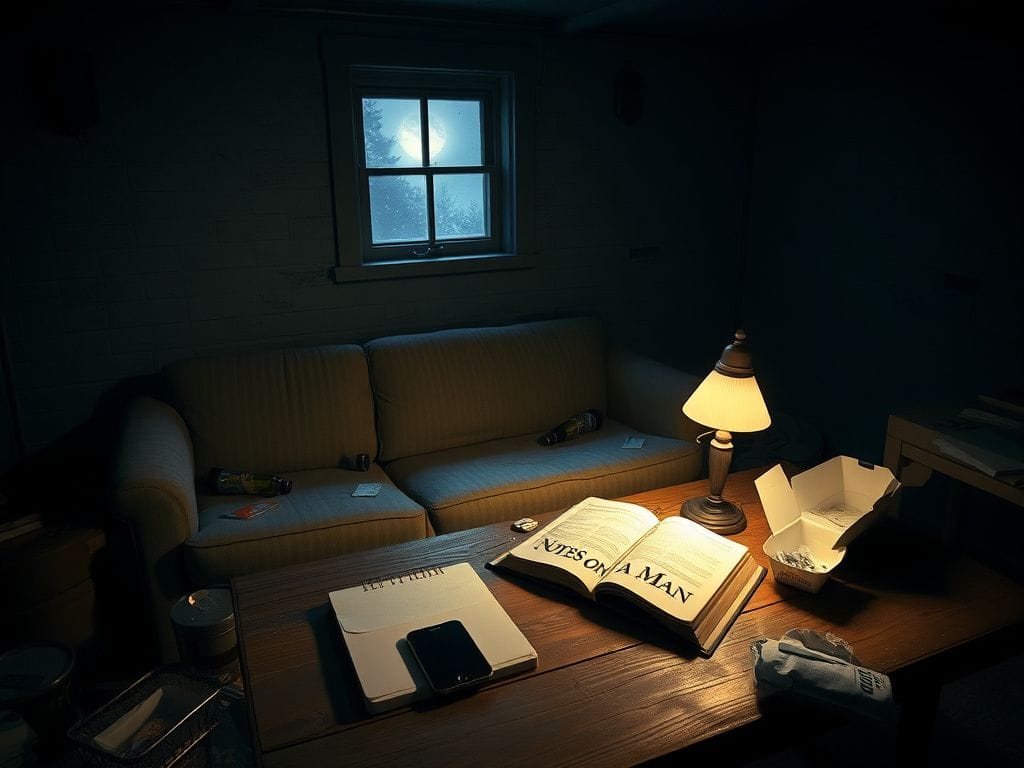 Flick International Dimly lit basement room with vintage decor, worn-out sofa, and empty bottles symbolizing youthful indulgence