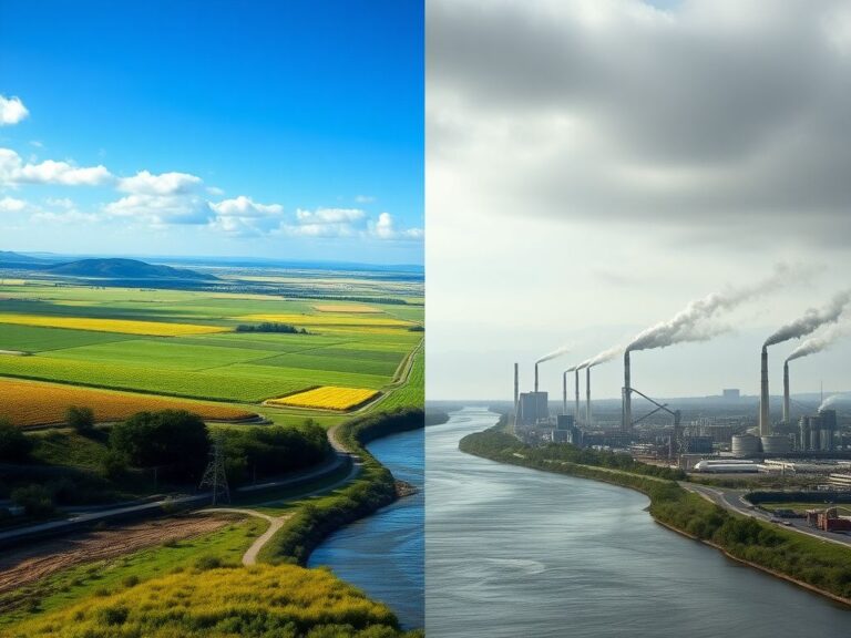 Flick International A contrasting landscape depicting a vibrant countryside and a polluted industrial area