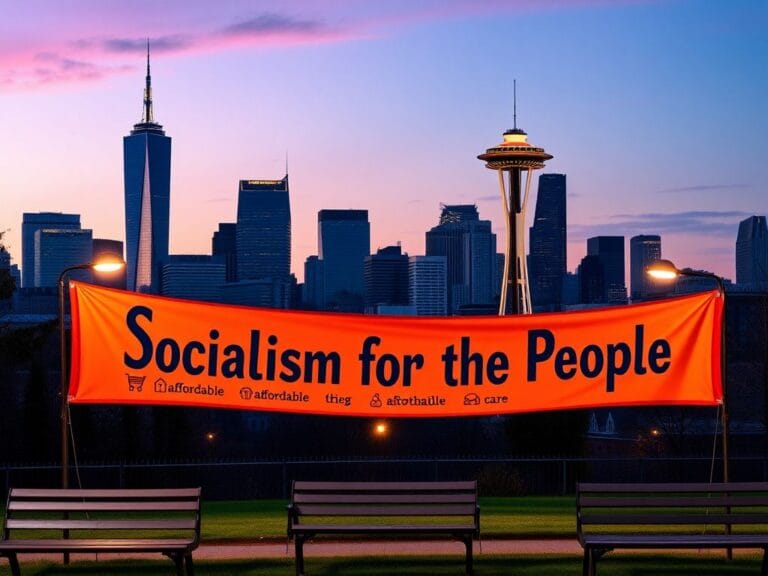 Flick International A vibrant cityscape showing New York's iconic skyline alongside Seattle's Space Needle under a twilight sky, with a progressive banner in the foreground.