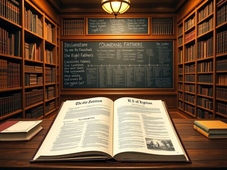 Flick International A serene library setting showcasing the Declaration of Independence and the U.S. Constitution.