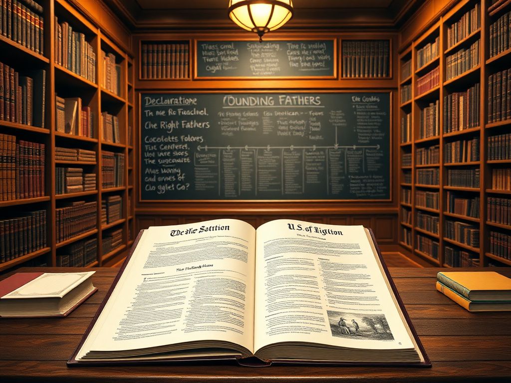 Flick International A serene library setting showcasing the Declaration of Independence and the U.S. Constitution.