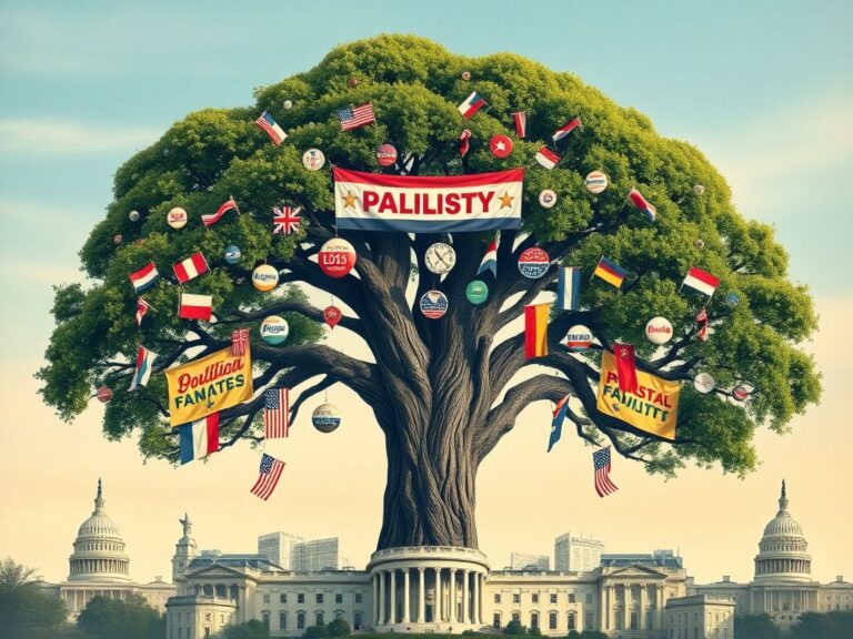 Flick International A grand family tree symbolizing political dynasties with vintage campaign memorabilia.