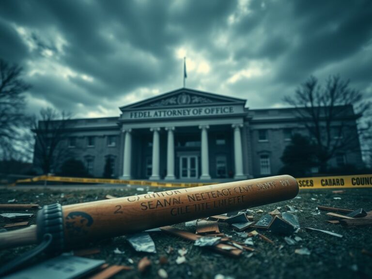 Flick International Exterior view of the U.S. Attorney's office with vandalism evidence, including shattered glass and an abandoned baseball bat.