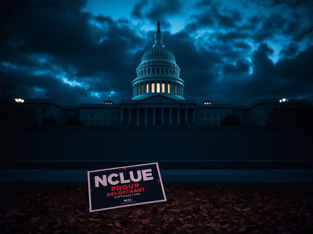 Flick International A stark, empty Capitol building with an abandoned campaign sign, symbolizing political discontent and division.