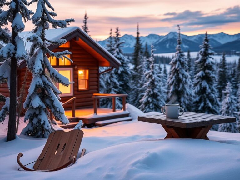 Flick International A serene winter landscape in Idaho featuring a cozy family cabin surrounded by snow-covered trees