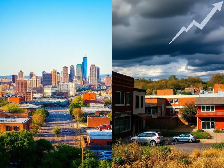 Flick International Split scene representing contrasting urban landscapes in New Jersey and Virginia, depicting economic growth and struggle.