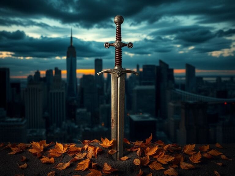 Flick International Dramatic skyline of New York City at dusk with a sword embedded in the ground