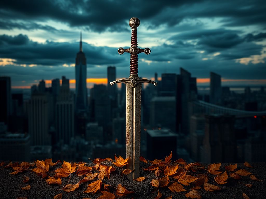 Flick International Dramatic skyline of New York City at dusk with a sword embedded in the ground
