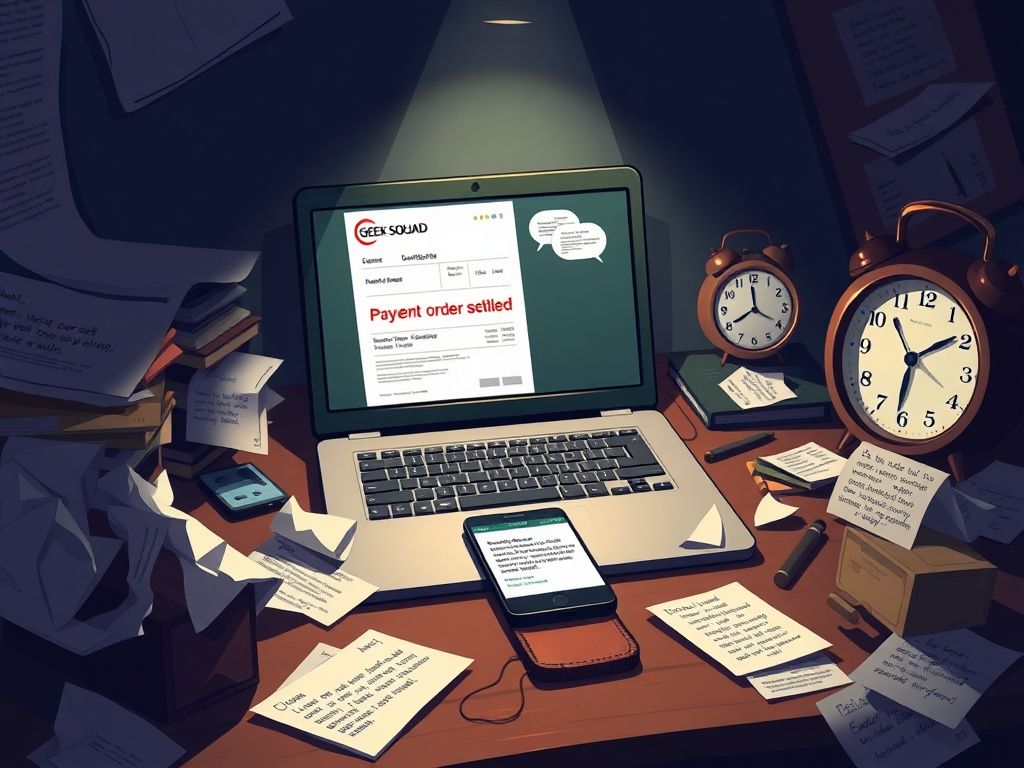 Flick International Cluttered computer desk with a laptop displaying a fake Geek Squad invoice