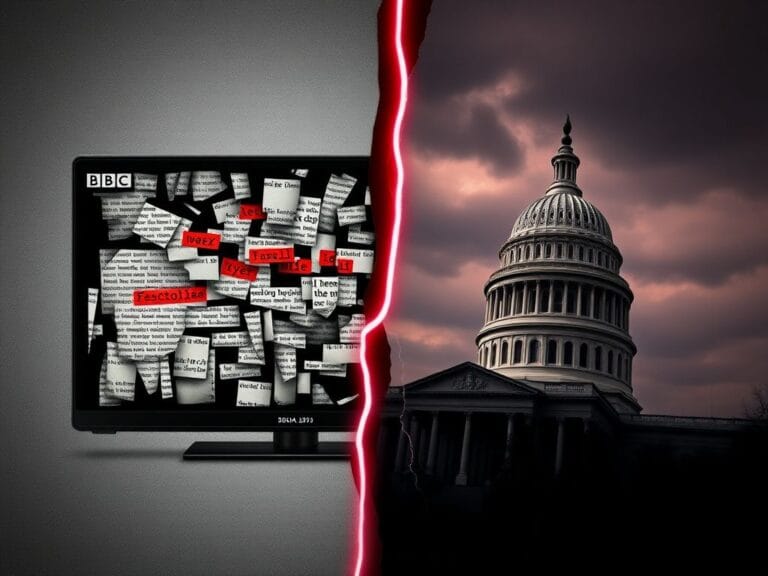 Flick International A split-scene image illustrating media bias with a television screen displaying jumbled text alongside a shadowy former BBC logo over a crumbling Capitol building.