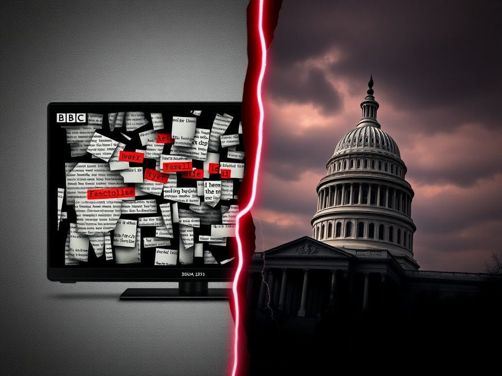 Flick International A split-scene image illustrating media bias with a television screen displaying jumbled text alongside a shadowy former BBC logo over a crumbling Capitol building.