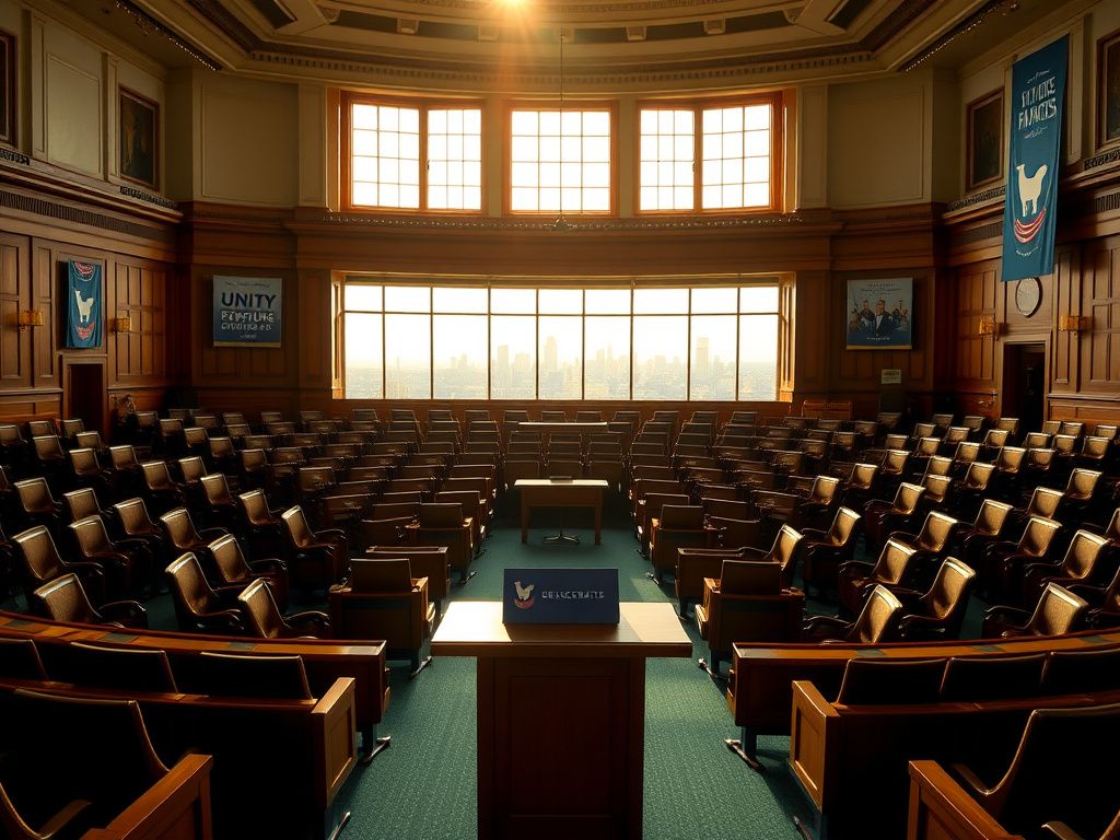 Flick International Interior view of a grand Senate chamber with wooden seats