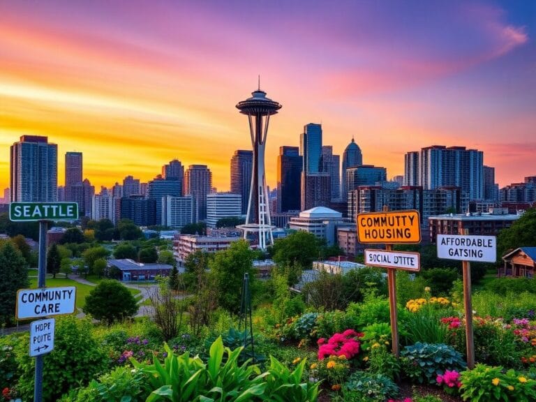 Flick International Vibrant cityscape of Seattle at dusk showcasing the Space Needle and community gardens