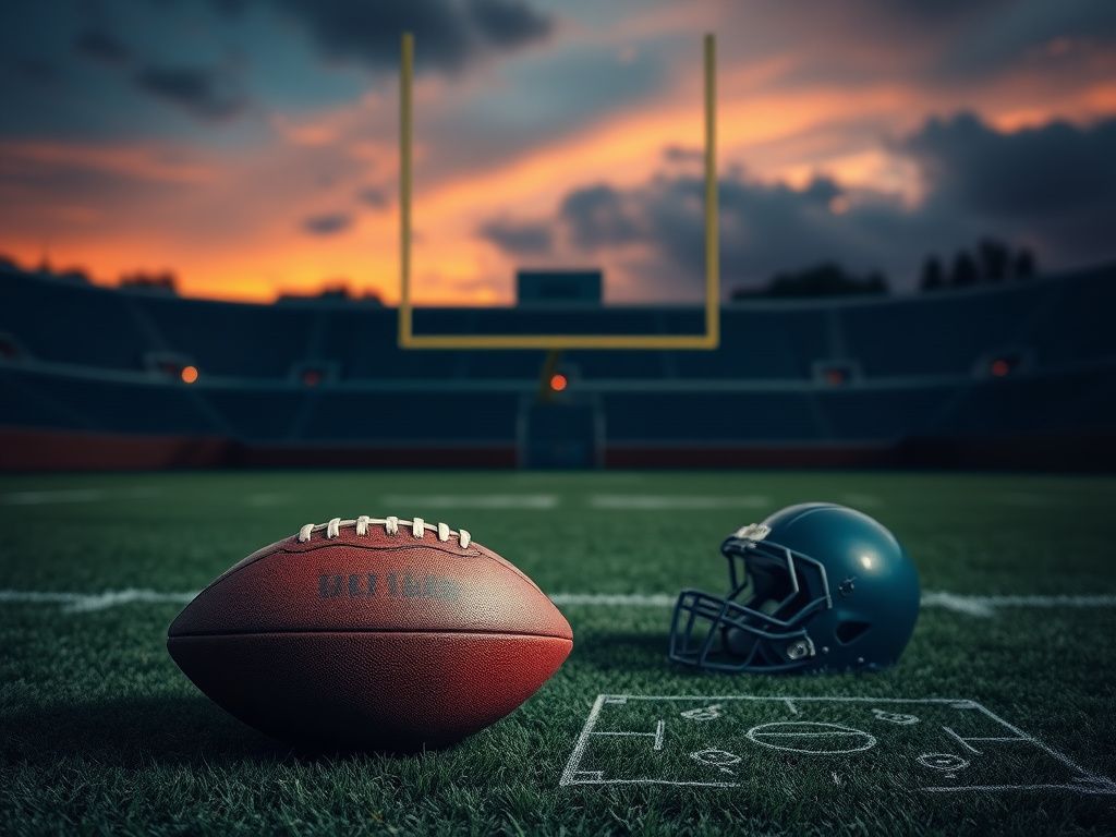 Flick International A weathered football and an overturned helmet on the turf of a dimly lit stadium, symbolizing the importance of safety in football.