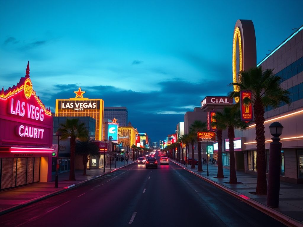 Flick International Vibrant Las Vegas Strip scene at dusk with neon lights and empty sidewalks