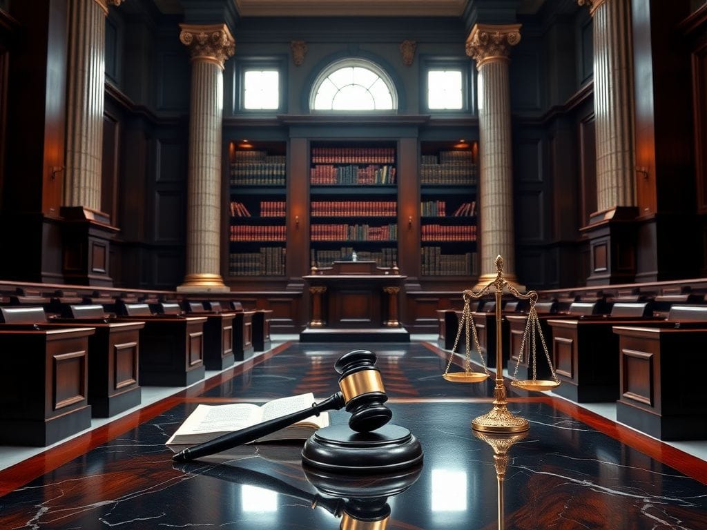 Flick International A solemn courtroom scene emphasizing justice and legal proceedings