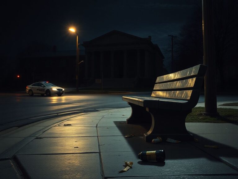 Flick International Dimly lit street corner near courthouse with a weathered stone bench and scattered litter