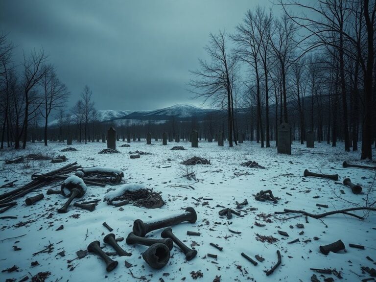 Flick International Haunting winter landscape depicting a mass grave site from Napoleon's army