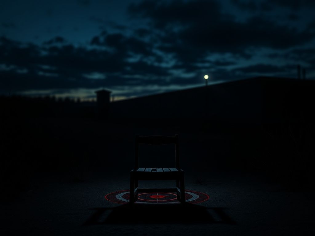 Flick International Dimly lit exterior of Broad River Correctional Institution with a weathered wooden chair and red bullseye target symbolizing firing squad execution