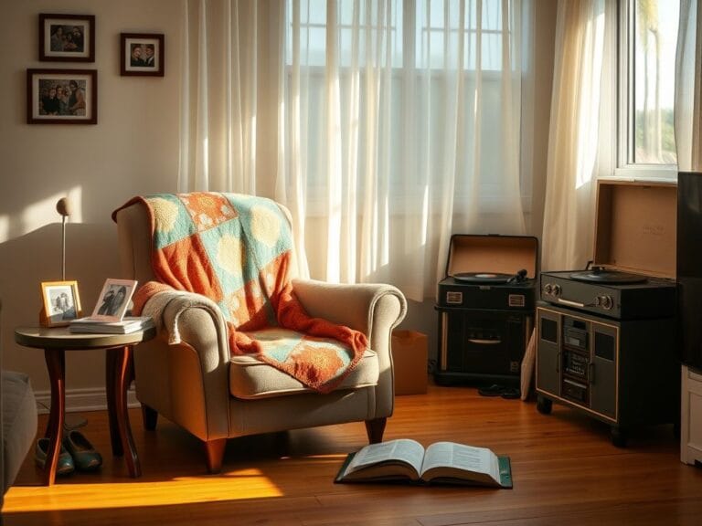 Flick International Cozy living room with well-worn armchair and colorful quilt, symbolizing warmth and nostalgia