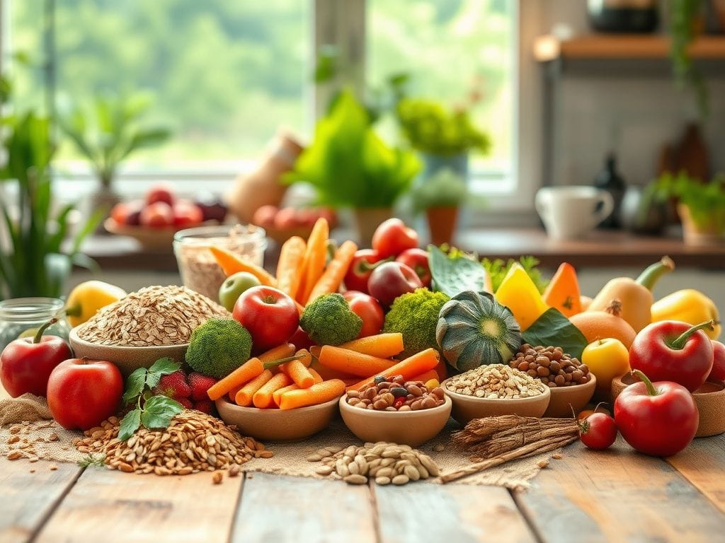 Flick International A variety of fiber-rich foods including whole grains, fruits, and vegetables arranged on a rustic wooden table