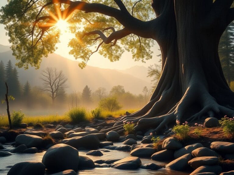 Flick International A serene misty forest at dawn with golden sunlight filtering through leaves and illuminating a gentle stream.