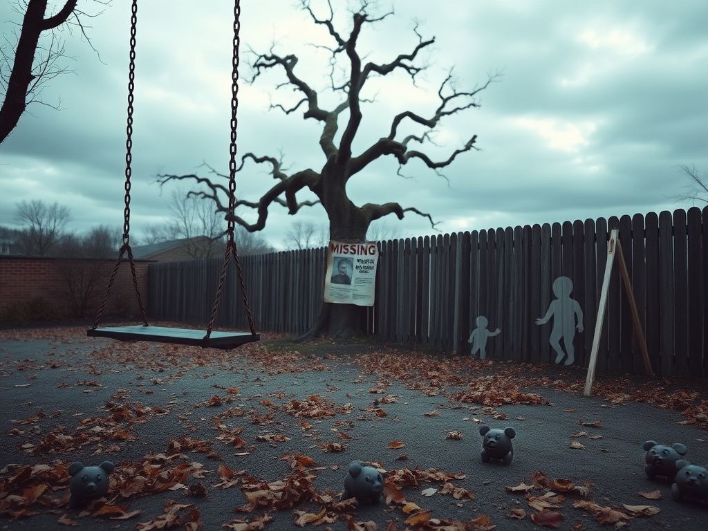 Flick International A haunting playground with rusty swings and a faded 'Missing' poster of Melodee Buzzard.
