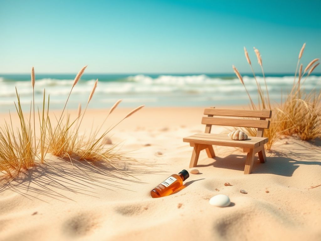 Flick International Serene beach scene illustrating a makeup-free lifestyle with a wooden bench and skincare product