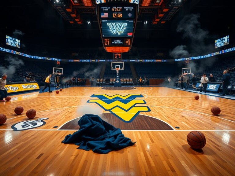 Flick International Dramatic scene of a West Virginia women's basketball game showcasing a vibrant Mountaineers logo at center court amidst a tense atmosphere.