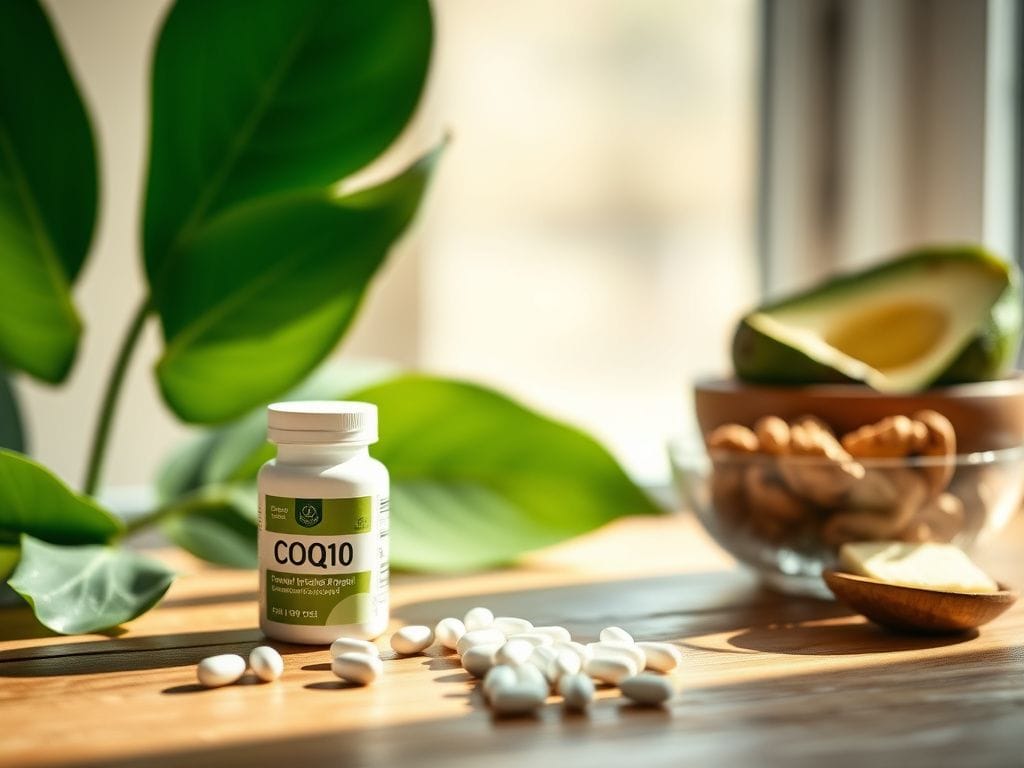 Flick International Close-up view of CoQ10 supplements arranged on a wooden table next to a green leafy plant