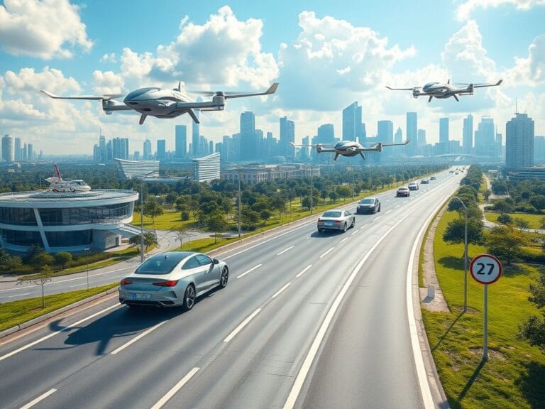 Flick International Futuristic landscape with hybrid vehicles in an urban environment