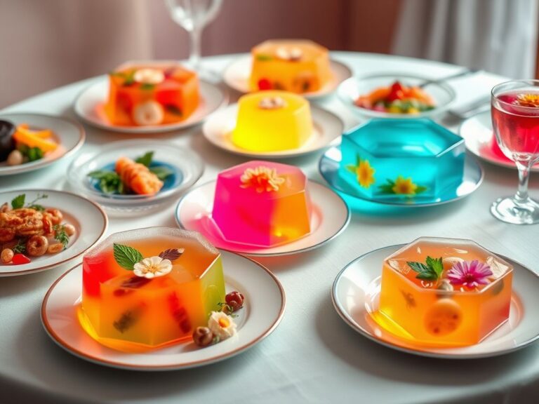 Flick International A colorful assortment of modern Jell-O and aspic dishes elegantly plated on a stylish table setting