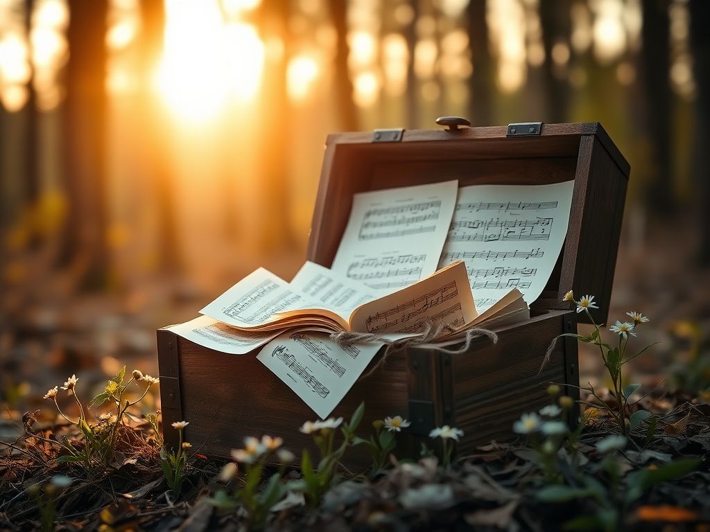 Flick International A serene wooden treasure chest overflowing with sheets of music and handwritten notes, symbolizing legacy and remembrance.