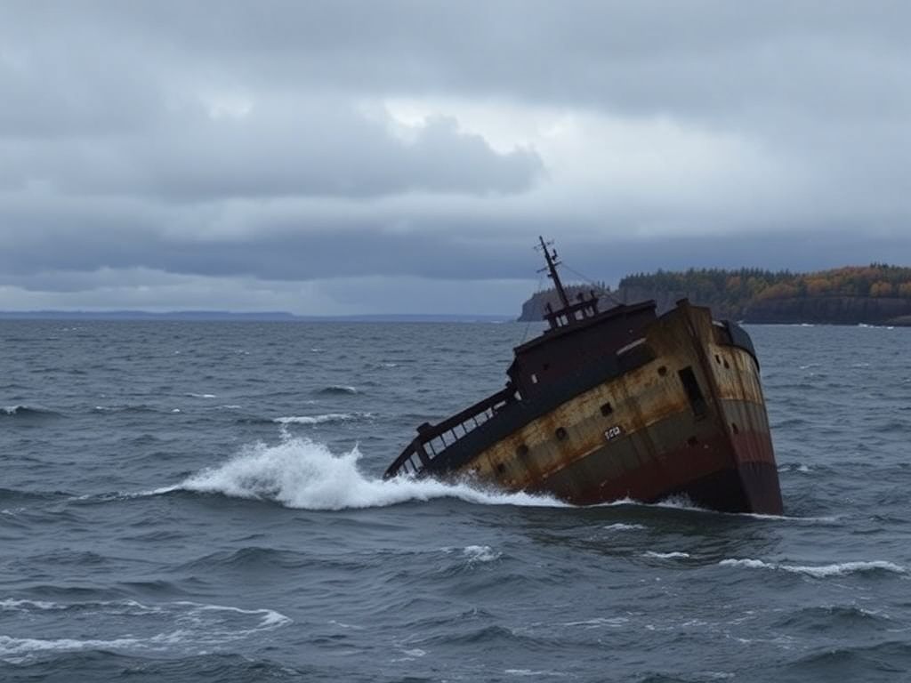 Flick International A weathered ship's hull submerged in the stormy waters of Lake Superior, representing the tragedy of the Edmund Fitzgerald shipwreck.