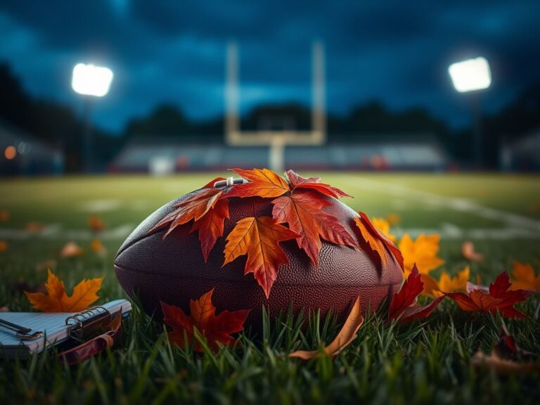 Flick International A close-up view of a football on grass surrounded by autumn leaves