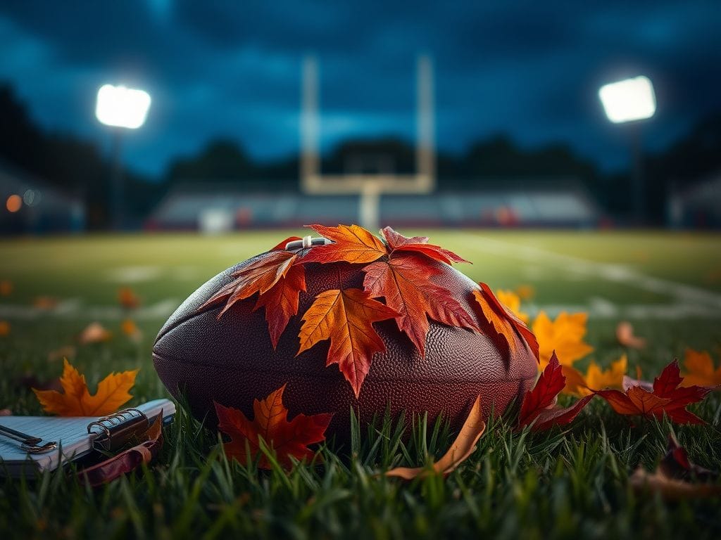 Flick International A close-up view of a football on grass surrounded by autumn leaves