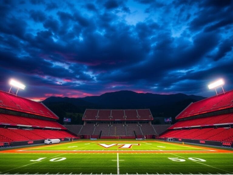 Flick International Football stadium at dusk with Virginia Tech colors and logo