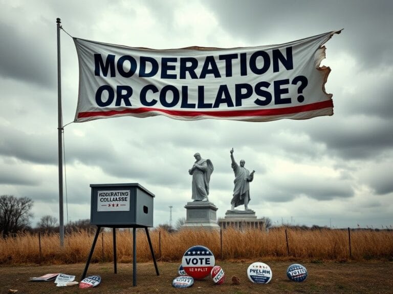 Flick International Weathered political banner reading 'Moderation or Collapse?' fluttering against a cloudy sky