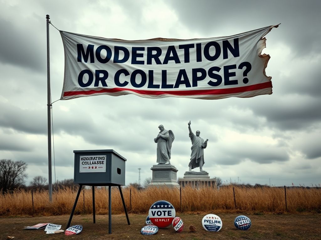 Flick International Weathered political banner reading 'Moderation or Collapse?' fluttering against a cloudy sky