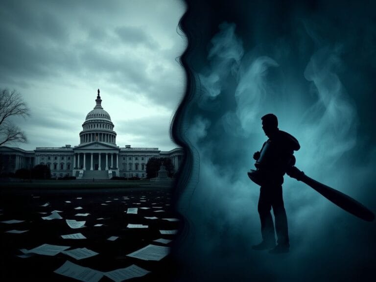 Flick International Split scene depicting the chaotic political events of the week with an open government building and shadowy legal documents.